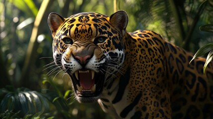 Obraz premium Jaguar Snarling in Jungle, Hyper-Realistic Close-Up, Golden Fur