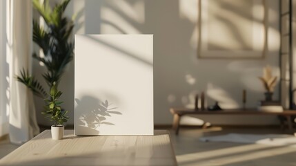 A bright and minimalistic interior scene featuring a blank canvas, soft shadows, and a hint of greenery, perfect for creative inspiration.
