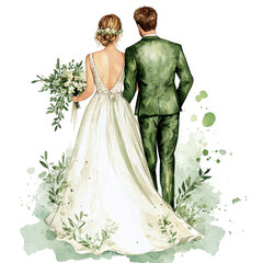 Ever After Begins: Watercolor portrait of a bride and groom walking away, hand in hand, surrounded by delicate greenery, capturing the essence of love and commitment. 