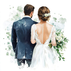 Ever After: Watercolor Romance: A bride and groom, captured from behind, walk hand-in-hand into their future, their love story painted in delicate watercolors and tender emotions. 