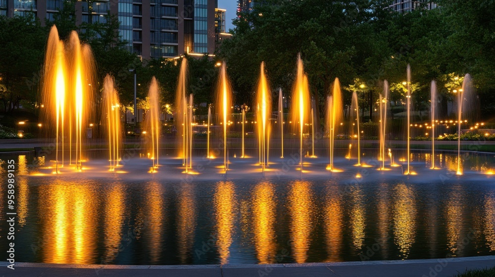 Sticker Illuminated Fountain Display at Night