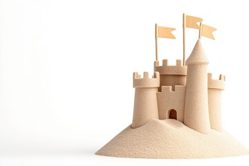 A whimsical sandcastle with flags atop, beautifully crafted on a sandy surface, symbolizing childhood joy and beach adventures.