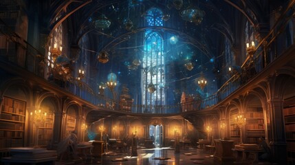 A mystical library in an otherworldly dimension, with towering bookshelves filled with ancient tomes and glowing manuscripts. Anime characters, dressed as explorers, diligently study the arcane 