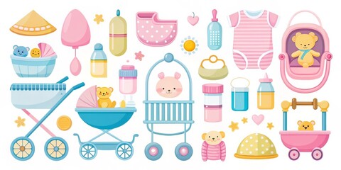 Fototapeta premium Cute Baby Accessories A Collection of Adorable Cartoon Strollers, Cribs, and Toys, baby, stroller, toy