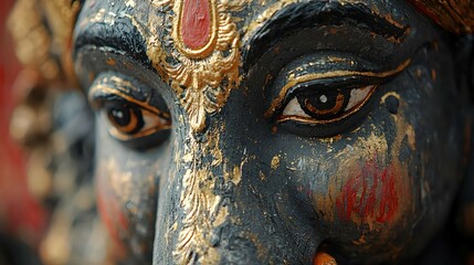 Close up of an Ancient Deity s Eye with Gold Leaf and Red Paint