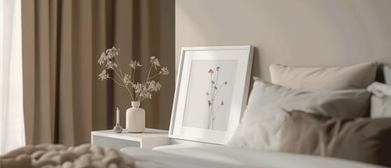 A cozy bedroom featuring soft pillows, elegant curtains, and a calming artwork to create a serene atmosphere.