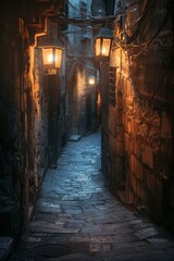 A narrow alleyway in an ancient city, deserted, with dim lanterns casting long shadows on the stone walls