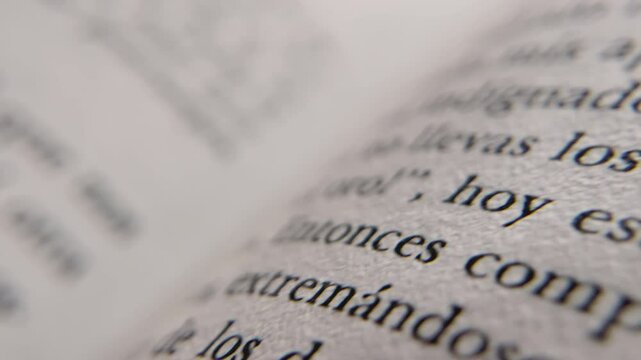 Macro shot of a book page. Close Up slider shot of text on a book page.