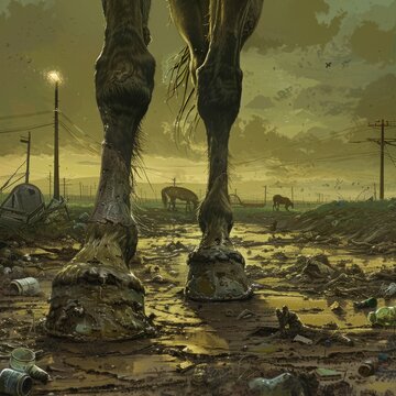 A nauseating close-up of horse hooves, caked with mud and filth as he stands forlornly in a desolate paddock littered with trash and debris. The sickly yellow light of a flickering streetlamp