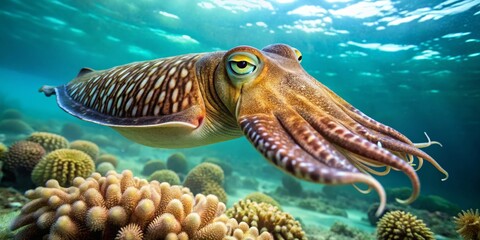 Fototapeta premium Cuttlefish Eyeing the Reef, Underwater, Marine Life, Coral , Cuttlefish, Reef