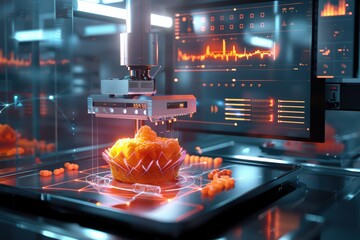 A futuristic kitchen with robotic technology preparing an intricate dessert, showcasing innovation in culinary arts and automation.