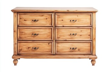 Beautiful wooden dresser with six spacious drawers, perfect for storage and adding charm to any bedroom decor.