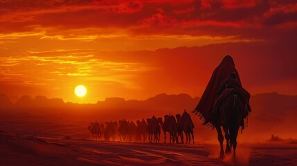 A nomad in traditional attire leading a caravan of camels through a mesmerizing desert sunset, emphasizing the allure of exploration
