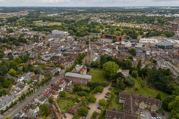 Aerial drone view over the town of Bishops Stortford in England