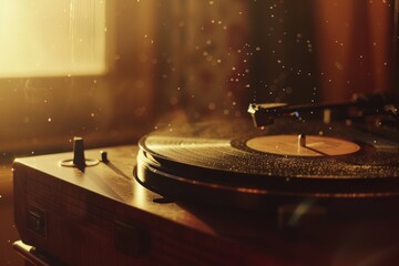 Fototapeta premium A nostalgic image of a vintage vinyl record player, with a record spinning and faint dust particles visible in the air, set against a backdrop of a cozy, dimly lit room, capturing the warmth