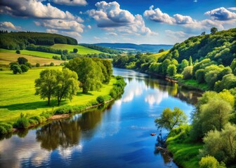 Serene riverbank scenery along the Polish border, featuring lush green trees, calm water, and picturesque valley landscape with rolling hills under a bright blue sky.