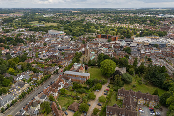 Aerial drone view over the town of Bishops Stortford in England