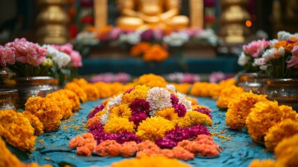 Fototapeta premium Colorful Flowers Offering at a Temple
