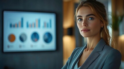 Obraz premium Confident businesswoman stands in front of a screen displaying financial charts, symbolizing success and leadership in a modern office.