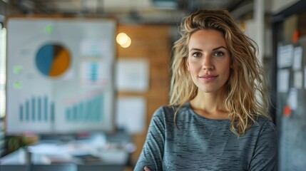 Fototapeta premium Confident woman in a modern office, standing in front of charts, embracing a positive business environment and leadership.