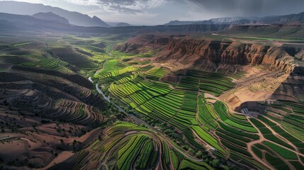 A panoramic aerial shot of a traditional Karez irrigation system winding through a vast, arid landscape, with the underground channels subtly indicated by rows of lush, green vegetation on the surface