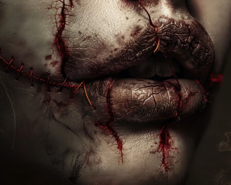 A pair of lips, torn and bloody, sewn shut with coarse, rusted stitches. The surrounding skin is pallid and bruised, marred by signs of struggle and violence