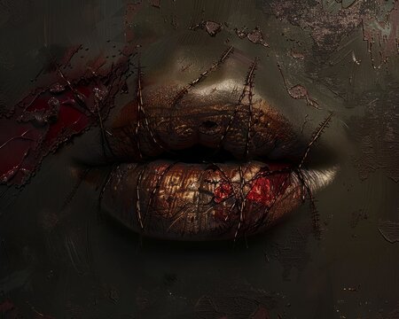 A pair of lips, torn and bloody, sewn shut with coarse, rusted stitches. The surrounding skin is pallid and bruised, marred by signs of struggle and violence