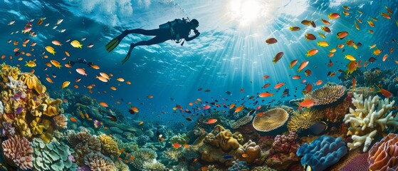 Naklejka premium A panoramic photograph capturing a professional diver suspended mid-air above a vibrant coral reef, surrounded by a kaleidoscope of tropical fish and illuminated by the golden rays of the sun