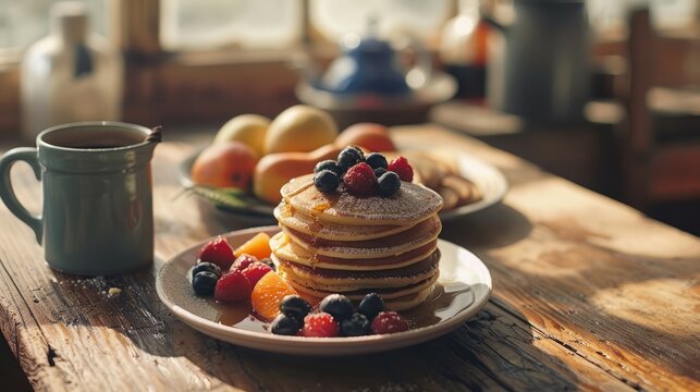 A morning spread featuring a bowl of fresh fruits, a stack of pancakes with syrup drizzling, and a cup of coffee on a rustic wooden table, capturing the cozy and indulgent atmosphere of a leisurely 