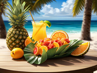 Tropical fruit cocktails are served on a beachside table with ocean views. Palm trees create a relaxing summer atmosphere by the sea.