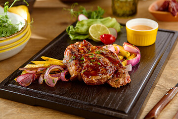 BBQ Pork with Onions and Peppers on Wooden Platter, Vibrant and Succulent
