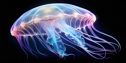 Naklejka premium Ethereal Glow of a Bioluminescent Jellyfish, 3D Render, Deep Sea, Aquatic Life, Bioluminescence, Jellyfish, Ocean