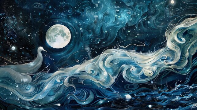 A mystical digital artwork depicting a selkie transformation under a full moon, where her human and seal forms merge amidst swirling currents and bioluminescent creatures