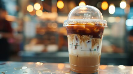 Naklejka premium A refreshing iced coffee drink in a clear cup, perfect for a warm day. Ideal for coffee lovers and food photography.