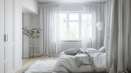 A bright and airy bedroom with white curtains, a white bed with a grey throw and a plant in a pot.