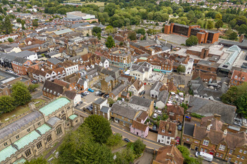 Obraz premium Aerial drone view over the town of Bishops Stortford in England