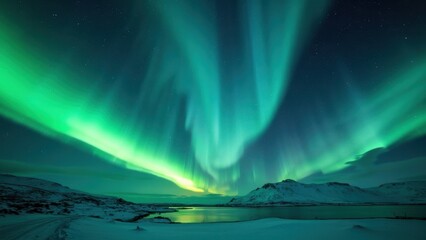 Naklejka premium Northern Lights Aurora Borealis in Starry Night Sky - Breathtaking Green and Blue Arctic Phenomenon Panorama with Text Space