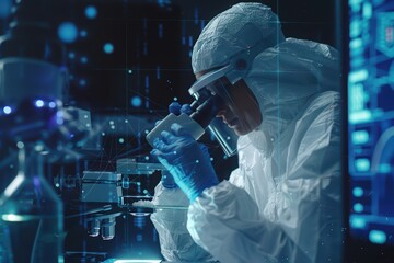 A scientist examines a sample under a microscope in a high-tech laboratory, showcasing advanced research and innovation in science.