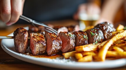 Juicy Grilled Steak with Fries on a Plate - Close-up of succulent grilled steak slices with crispy fries, perfect for a gourmet meal. A delicious feast for food lovers.