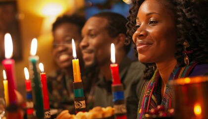 African family lights 7 candles. The celebration of Kwanzaa. Tradition and Culture  Africa concept. 