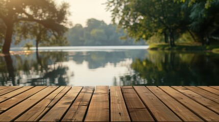 A serene wooden dock by a tranquil lake, surrounded by lush trees, perfect for relaxation and nature appreciation.