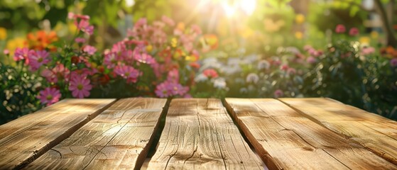 A serene wooden surface with vibrant flowers in the background, illuminated by soft sunlight, perfect for nature-themed projects.