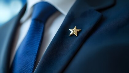 Close-up of a Blue Suit Lapel with a Gold Star Pin