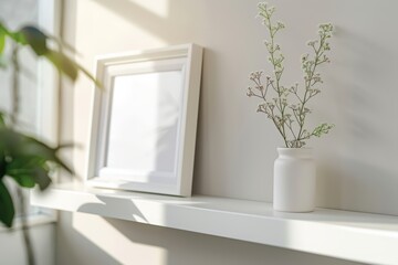 A serene indoor shelf displaying a minimalistic vase with delicate greenery and an empty photo frame, enhancing the tranquil ambiance.