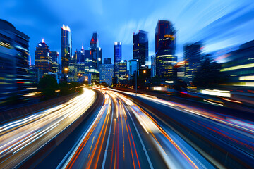 Obraz premium Dynamic urban highway scene with motion blur, capturing evening rush hour energy and illuminated city skyline