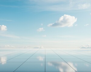 Fototapeta premium A clear blue sky with fluffy clouds reflected on a tiled, flat surface.