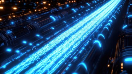 A futuristic digital landscape with glowing blue streams and dark metallic structures.