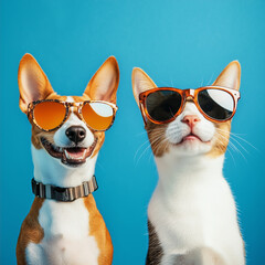 Basenji dog and cat wearing sunglass with blue background.