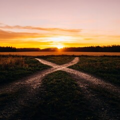 A fork in the road at sunset. Two paths diverge, one leading towards the horizon. The sun sets in the distance, casting a warm glow on the scene.