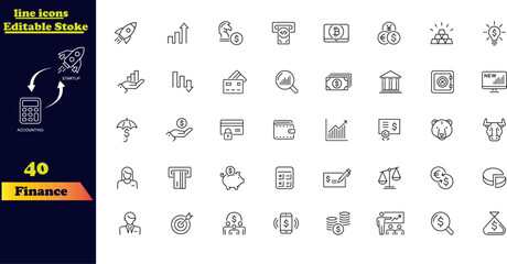 Finance Stroke Outline Icon Set. This collection includes icons for loans, cash, savings, financial goals, profits, budgets, mutual funds, earnings, and revenue. A comprehensive set of stroke icons de